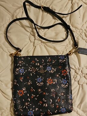 Coach Black Floral Leather Crossbody with Blue and Orange Flowers